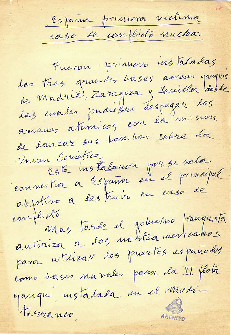 Amenaza nuclear. Informe manuscrito de Ignacio Hidalgo de Cisneros.
